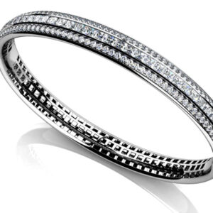 Princess Cut And Round Diamond Bangle In 14K 18K Yellow White Or Rose Gold