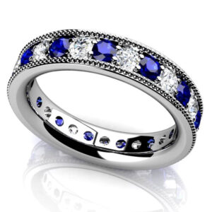 Milgrain Edge Diamond And Gemstone Eternity Ring In Yellow White Gold Or Platinum