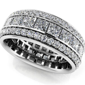 Three Row Princess And Round Eternity Band In White Yellow Gold Or Platinum