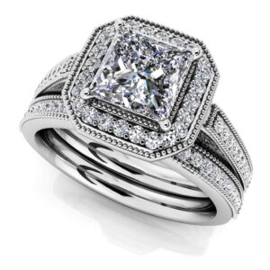 Vintage Beauty Princess Cut Wedding Set In 18K Or 14K White Gold And Yellow Gold