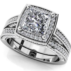 Splendid Princess Cut Bridal Set In 14K 18K White Yellow Or Rose Gold