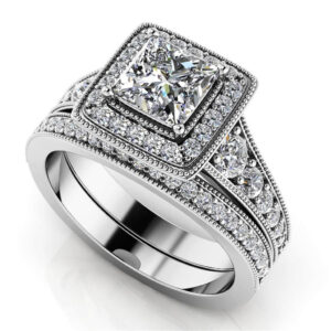 Stunning Halo Princess Cut Bridal Set In 14K 18K Yellow White Or Rose Gold