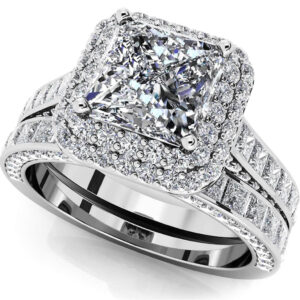 Glamorous Double Halo Princess Cut Bridal Set Available In Platinum Or Gold