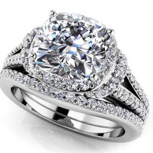 Split Shank Cushion Cut Bridal Set In Yellow Gold White Gold And Platinum