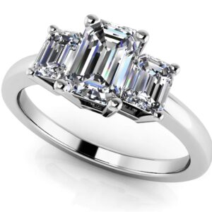 Elegant Three Stone Emerald Engagement Ring Available In White Yellow And Rose