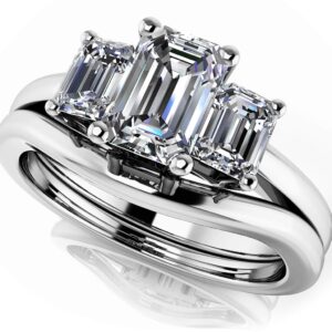 Elegant Three Stone Emerald Diamond Bridal Set