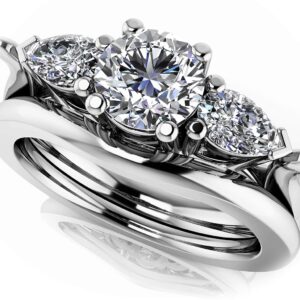 Fairy Tale Three Stone Diamond Flower Wedding Set In White Yellow Or Rose Gold