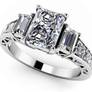 Three Stone Emerald And Princess Engagement Ring In Yellow White Gold Or Platinum