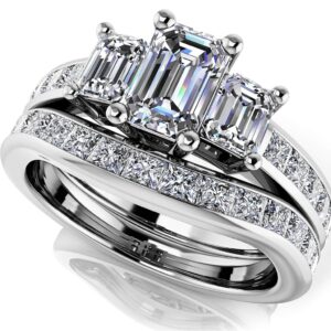 Vibrant Love Emerald Cut Three Stone Bridal Set In Platinum Or Gold