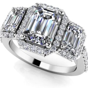 Sparkling Three Stone Emerald Cut Engagement Ring In Platinum Or Gold