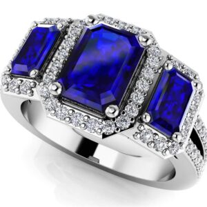 Emerald Cut Gemstone And Diamond Halo Ring In Platinum Or Gold