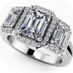 Three Stone Emerald Diamond And Halo Surround Ring In Platinum Or Gold