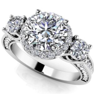 Exquisite Three Stone Diamond Halo Engagement Ring
