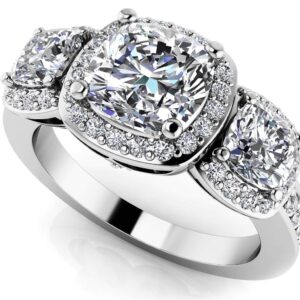 Classic Three Stone Cushion Cut Diamond Halo Ring