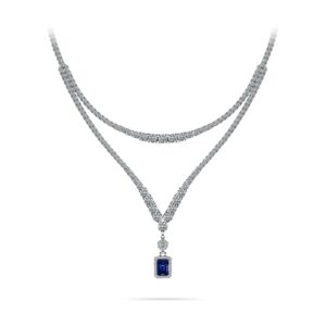 Emerald Gemstone Pendant 2 Row 4 Prong Necklace Available In Platinum Or Gold