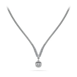 Ravishing Cushion Cut 4 Prong V Necklace In White Gold Yellow Gold And Platinum