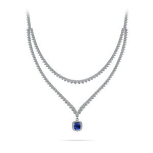 Ravishing Cushion Cut 2 Row 3 Prong Necklace In 14K 18K Yellow White Or Rose Gold