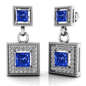 Gemstone And Diamond Square Drop Earrings In 18K 14K Gold Or Platinum