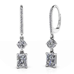 Elegant Emerald And Round Diamond Drop Earrings In Yellow White Gold Or Platinum