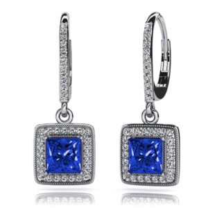 Milgrain Princess Cut Diamond And Gem Earrings In White Yellow Gold Or Platinum
