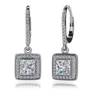 Milgrain Princess Cut Diamond Drop Earrings Available In White Yellow And Rose