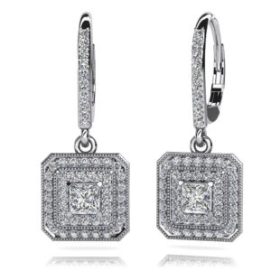 Square Shaped Princess And Round Diamond Earrings In Gold Or Platinum