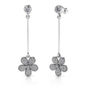 Flower Blossom Drop Bar Earrings In White Yellow Or Rose Gold