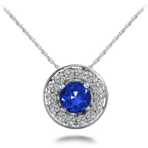 Round Gemstone And Diamond Pendant Necklace In 18K 14K Gold Or Platinum