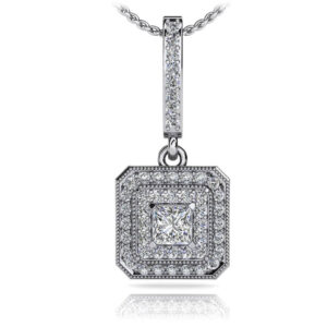 Square Shaped Princess And Round Diamond Pendant Available In Platinum Or Gold