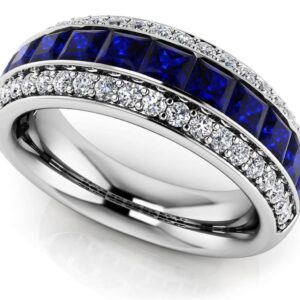 Three Row Princess Gemstone And Round Diamond Fashion Ring