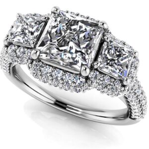 Three Stone Diamond Double Halo Anniversary Ring In Platinum Or Gold