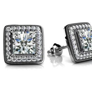 Milgrain Princess Cut Diamond Stud Earrings