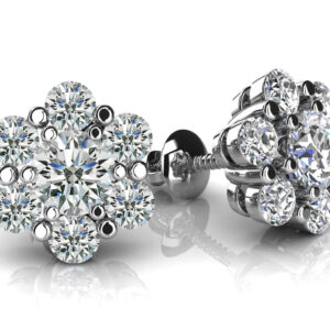 Flower Shaped Diamond Cluster Stud Earrings Available In Gold Or Platinum