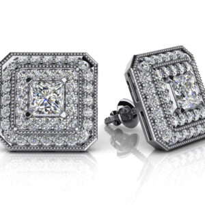 Square Shaped Princess And Round Diamond Studs